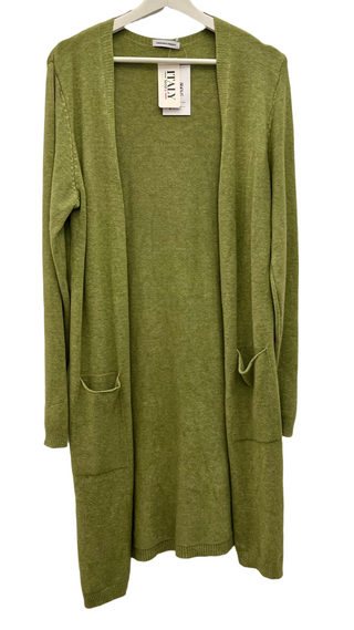 Fauna Green Knit Cardigan with side slits and front pockets